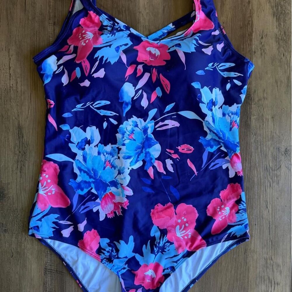 Blue & pink Floral Print Women's One Piece Swimsuit X-Large